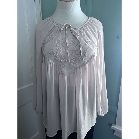 Sundance Womens Medium Peasant Top Ivory Embroidered Beaded Tie Neck Sheer - Picture 1 of 7